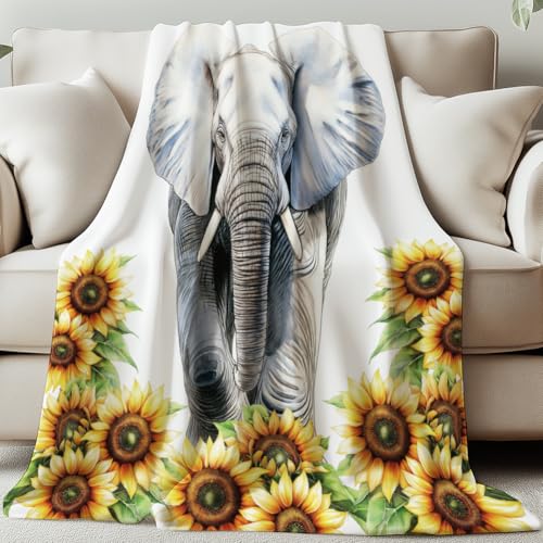 GLOBLELAND Couverture en Flanelle Éléphant pour Femmes Hommes 59 × 51 Pouces Tournesols Jeté de Canapé Douce et Douillet Couverture en Peluche pour la...