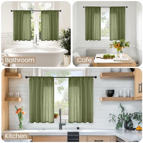 Image of BGment Olive Green Linen Curtains 40 Inches Long for Cafe Kitchen - Small Half Window Drapes Semi Sheer Light Filtering with Rod Pocket Textured Lightweight, 2 Panels Set, Each 30 Inch Wide