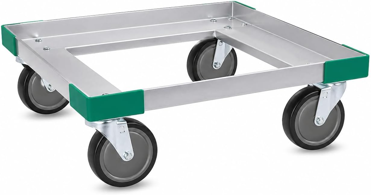 Aluminum Glass Rack Dolly with Bumpers, Silver, 22x22x7.5 Inch, 880 lb Capacity, Non-Marking 5 Inch Casters