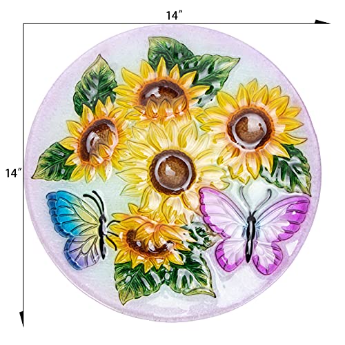 Vcuteka Patio Side Table Plant Stands Outdoor Accent Table Small Mosaic Table Glass Top Round Balcony Coffee Table Sunflower #TOP2