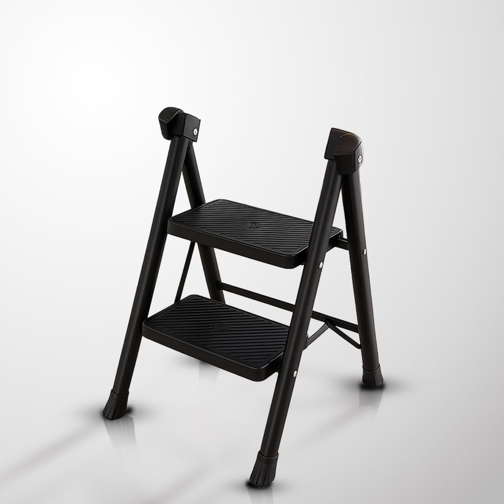 2-Step Steel Folding Ladder, Lightweight, Portable & Durable, Anti-Slip Steps, Compact Utility Ladder for Home, Kitchen & Office (Black)