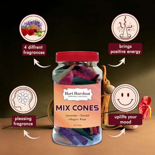 Image of Hari Darshan Natural Dhoop Cones Mix - 240 Cones | Lavender Rose Sandal Mogra | Pure Long-Lasting Dhoop Cones for Pooja Meditation Home Fragrance | Pack of 2 Jars 120 Cones Each for a Divine Aroma