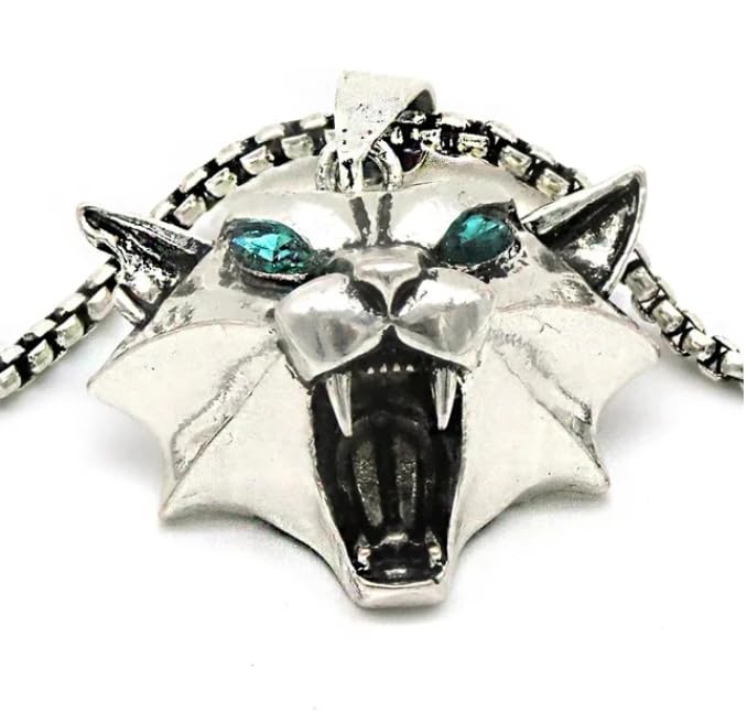 CustomWizard Witcher Cat Silver Medallion Pendant Necklace 31 * 34mm Witcher Medallion Wild Cosplay Rhinestone Silver Plated Chain Jewelry for Men Gifts (Silver - 50CM)