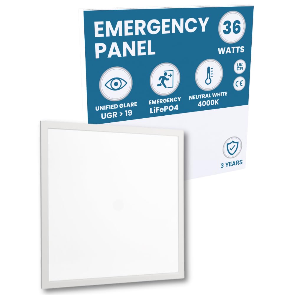 600x600 LED 3hr Emergency Square Ceiling Panel Light Recessed 36W TP(b) Flicker Free Flat Tile, 4000K Neutral White - 5 Year Guarantee… (3hr Emergency Function) [Energy Class A]