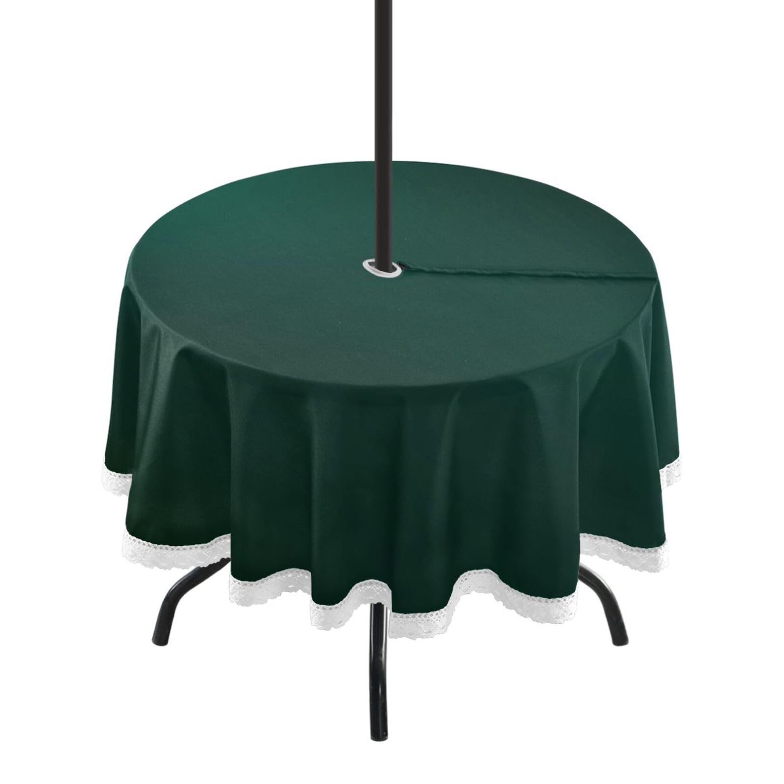 YETTASBIN Hunter Green Outdoor Tablecloth 60 Inch Waterproof Stain Wrinkle Resistant Washable Round Table Cover with Umbrella Hole and Zipper for