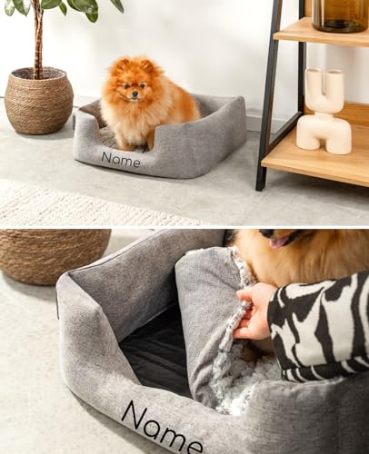 lionto Hundekörbchen mit flauschigem Wendekissen, kuscheliges Heimtierbett in meliertem Design mit tiefem Einstieg für Hunde & Katzen Aller Größen, 60x50 cm, weiches Hundebett, grau (Namensaufdruck)