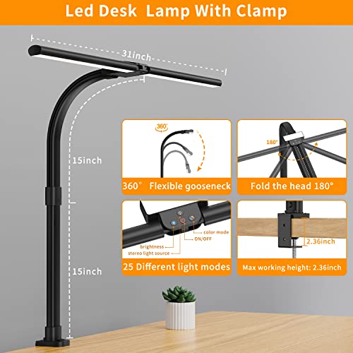 Sandiea Led Desk Lamp For Home Office - 24W Bright Double Head Desk Light With Clamp Eye Caring Architect Task Light 25 Lighting Modes Adjustable Flexible Gooseneck Lamp For Workbench Drafting Study #TOP5