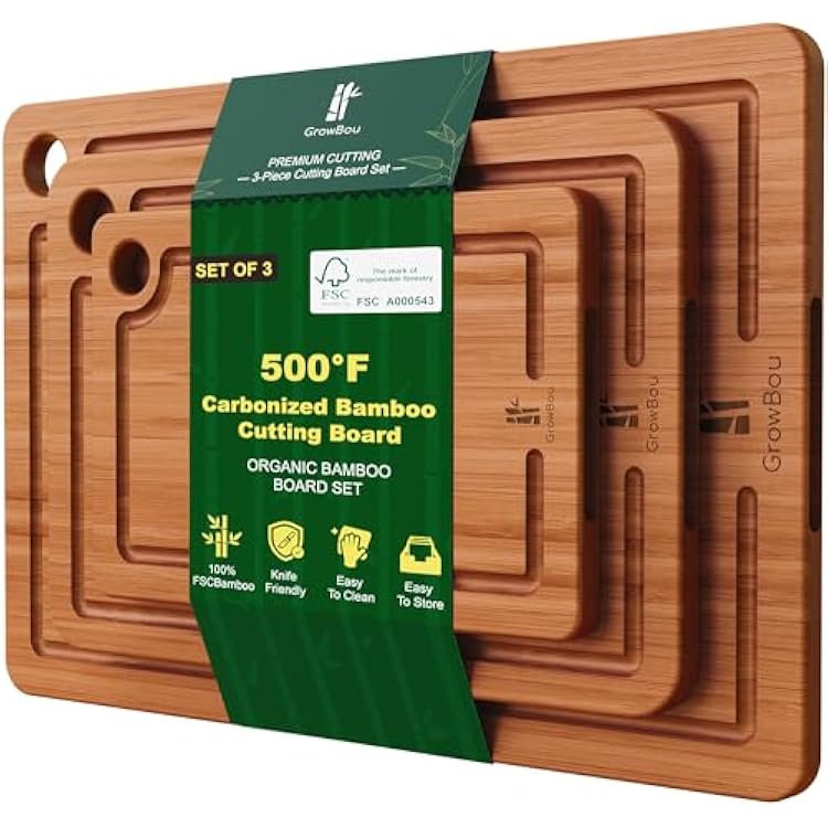 Bamboo Cutting Boards for Kitchen, 3-Piece Set with Juice Grooves, Side Handles & Non-Slip Mats Durable Bamboo Chopping Board for Meat, Vegetables and Fruits Ideal Kitchen Gifts