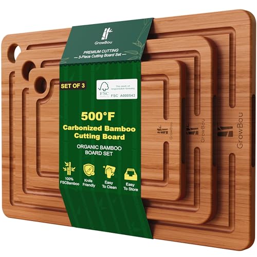 Image of Bamboo Cutting Boards for Kitchen, 3-Piece Set with Juice Grooves, Side Handles & Non-Slip Mats – Durable Bamboo Chopping Board for Meat, Vegetables and Fruits Ideal Kitchen Gifts