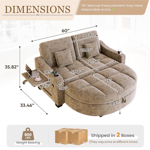 Image of 60 inch Loveseat Chaise Lounge Chair with Ottoman, Tufted Chenille Chaise Sofa with Storage & Adjustable Back / Side Table / USB Charging, Cozy Reading Lounge Chair and A Half for Living Room, Office, Khaki