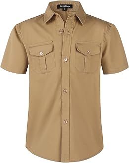 Spring&Gege Boys' Short Sleeve Button Down Shirts for Kids Woven Solid with Two Pockets