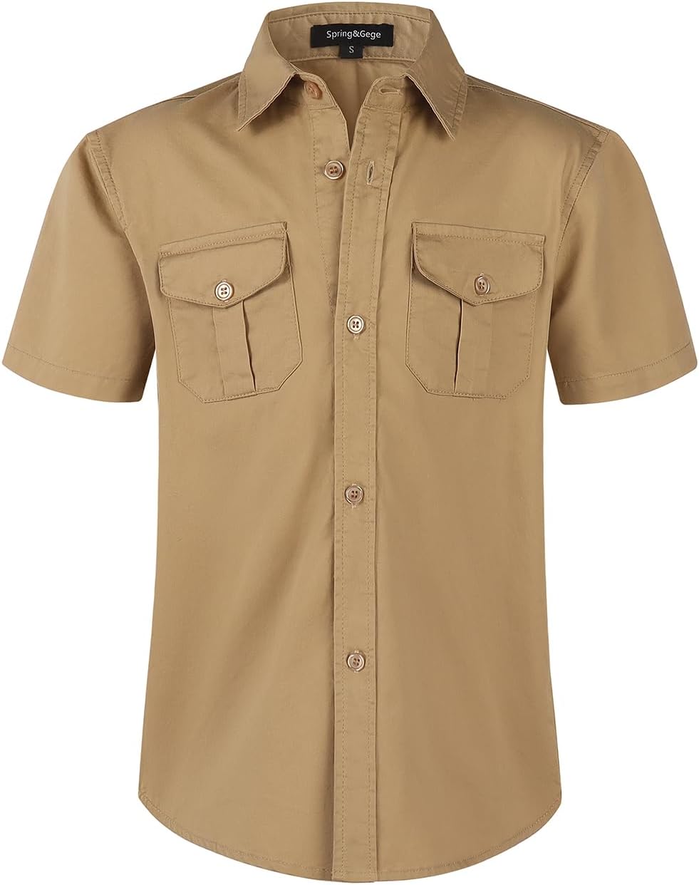 Spring&Gege Boys' Short Sleeve Button Down Shirts for Kids Woven Solid with Two Pockets