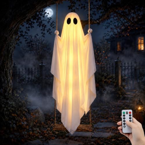 155 CM Große LED Halloween Deko Outdoor Geist,Hängen Deko mit Holzschaukel | Gruselige Geist Windsack Hängende Deko,Halloween Geister Decoration mit LED Licht für Vorgarten,Deko Ou
