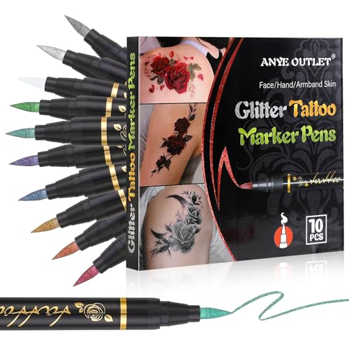 Tattoo Stifte Kinder, 10 Stück Glitzer Tattoo Kinder Tattoostifte Set für die Haut mit 8 Blätter 92 Schablonen Groß Temporäre Tattoo Henna Schablonen für Kinder Erwachsene Geburtstage Party Halloween