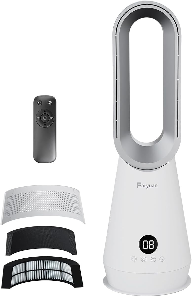 Ventilador de torre sin aspas 2 en 1, ventilador de refrigeración de 22 pulgadas con purificador de aire, oscilación de 90°, 8 velocidades, control remoto, temporizador de 9 horas, ventilador de piso silencioso para oficina en el dormitorio interior