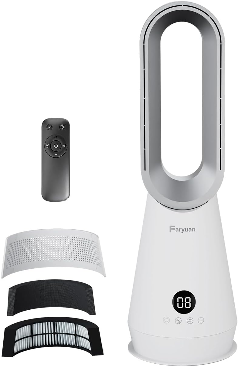 2-in-1 Bladeless Tower Fan, 22 Inch Cooling Fan with Air Purifier, 90° Oscillating, 8 Speeds, Remote, 9H Timer, Quiet Floor Fan for Indoor Bedroom Office