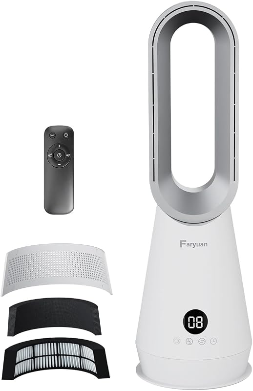 Ventilador de torre sin aspas 2 en 1, ventilador de refrigeración de 22 pulgadas con purificador de aire, oscilación de 90°, 8 velocidades, control remoto, temporizador de 9 horas, ventilador de piso silencioso para oficina en el dormitorio interior