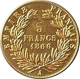 WLZQELVCF Pièce de 5 francs en cuivre Pur doré avec Ornements en Argent Antique, 7 Dates différentes, France, 1862, 1866