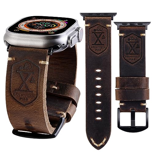 KONAFEI Band Compatible with Apple Watch Ultra 2/1 49mm 45mm 44mm 42mm 41mm 40mm 38mm Series 9/8/SE/7/6/5/4/3/2, Vintage Leather iWatch Strap for Men Women (42/44/45/49mm, Brown-Black Hardware)