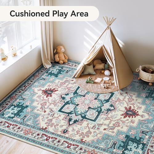 Lofus 8x10 Area Rugs, Large Area Rug for Living Room, Floral Washable Area Rug for Bedroom, Office, Dining Room, Non-Slip Vintage Boho Rug, Low-Pile Soft Carpet, Traditional Oriental Style, Light Blue