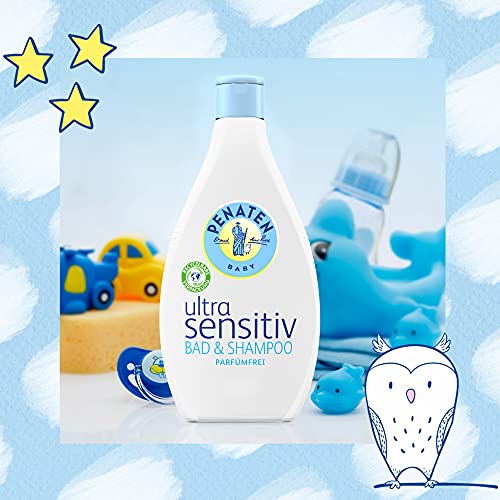 Penaten Ultra Sensitiv Bad & Shampoo besonders mildes Baby Bad & Baby Shampoo für hochsensible zu Neurodermitis neigende Babyhaut, 400ml