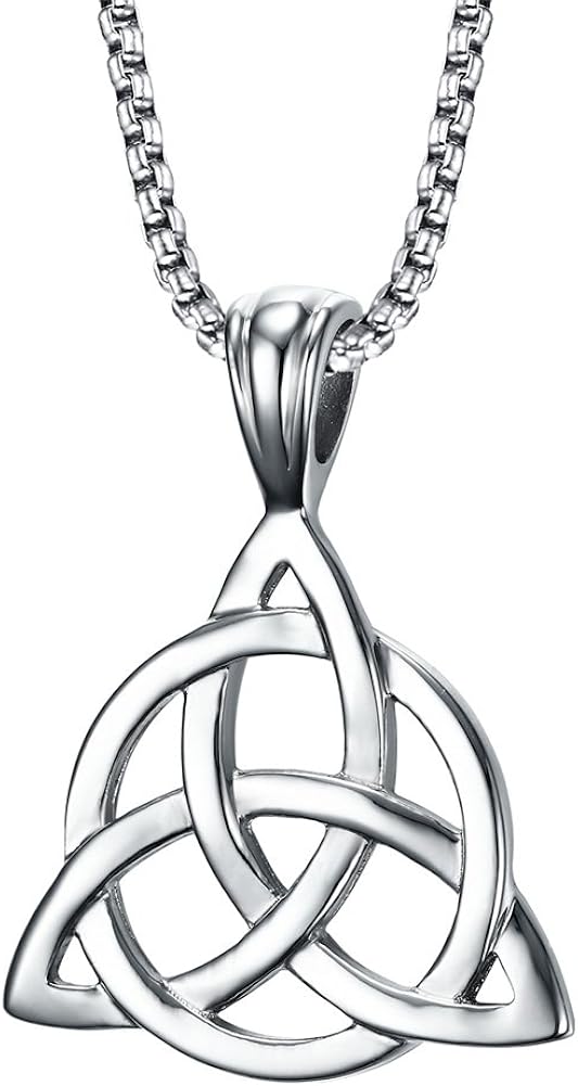 Stainless Steel Irish Celtic Triquetra Triangle Trinity Knot Pendant Necklaces for Men, 24" Rolo Chain, Irish Celtic Jewelry for Men Women