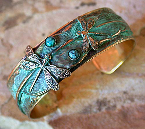 Elaine Coyne Patina Dragonflies On Feather Wearable Art Cuff Bracelet With Turquoise #TOP1