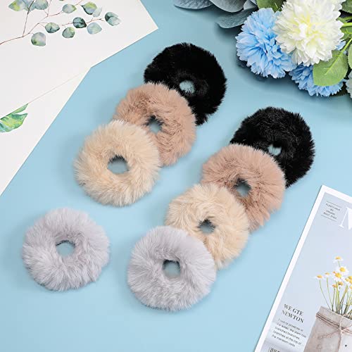 8 Pieces Furry Faux Rabbit Fur Hair Scrunchies Fuzzy Fur Scrunchies Artificial Fur Hair Bobbles Elastic Hair Band Rope Tie Wristband Fluffy Ponytail Holder Hair Accessories For Women Girl (Dark Color) #TOP3