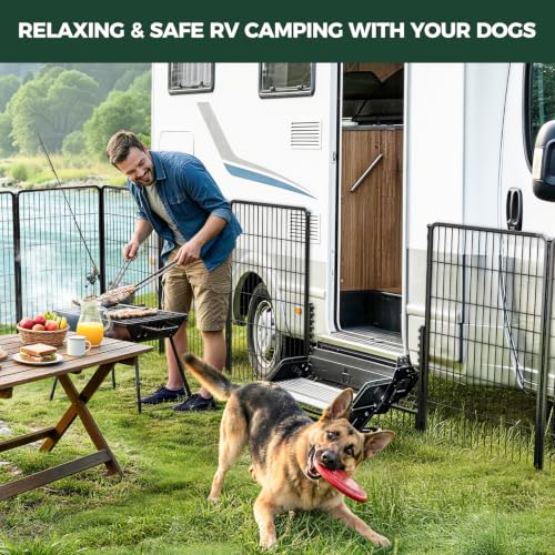 Image of FXW Rollick Dog Playpen with RV Step Grid for RV Camping, 45 inch H, 16 Panels | Easy Setup & Sturdy, Blocks RV Stair Gaps, Fits RV Steps up to 26 inchW, For Large Dogs, Patented