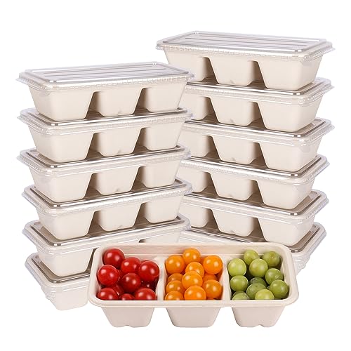 JAYEEY disposable paper bowls 35oz 3 compartments bowls with lids, Sugarcane Bowls take away food containers Bento box For Snack, Dessert, Meal Prep Bowls 50 PACK