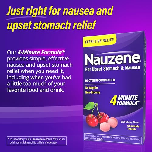 Image of Nauzene Non-Drowsy Upset Stomach & Nausea Relief Chewable Tablets | 4-Minute Formula | Doctor Recommended | Wild Cherry Flavor | 56 Count