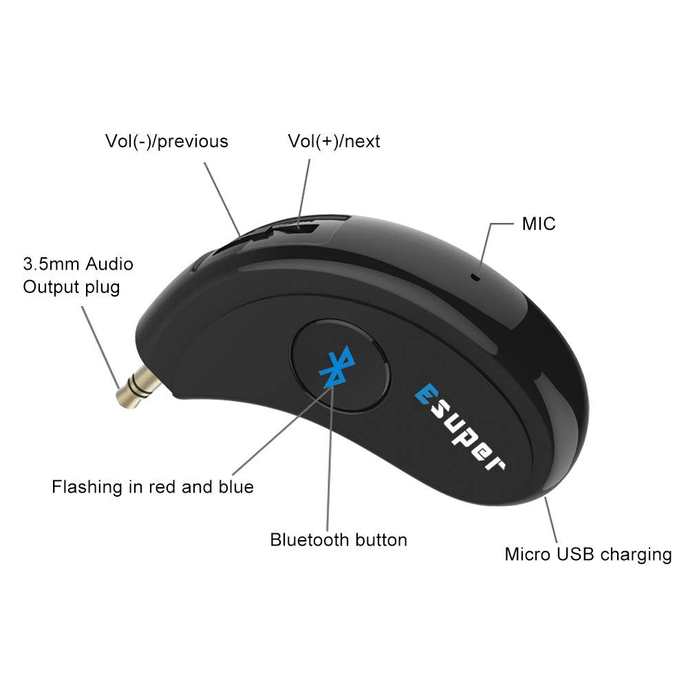 Bluetooth Empfänger / Auto Kit, Esuper Wireless Audio Adapter 3.5 mm Aux Stereo Ausgang für Heim Audio Musik Streaming Sound System (Bluetooth 4.2, A2DP, Freisprechen Berufung)