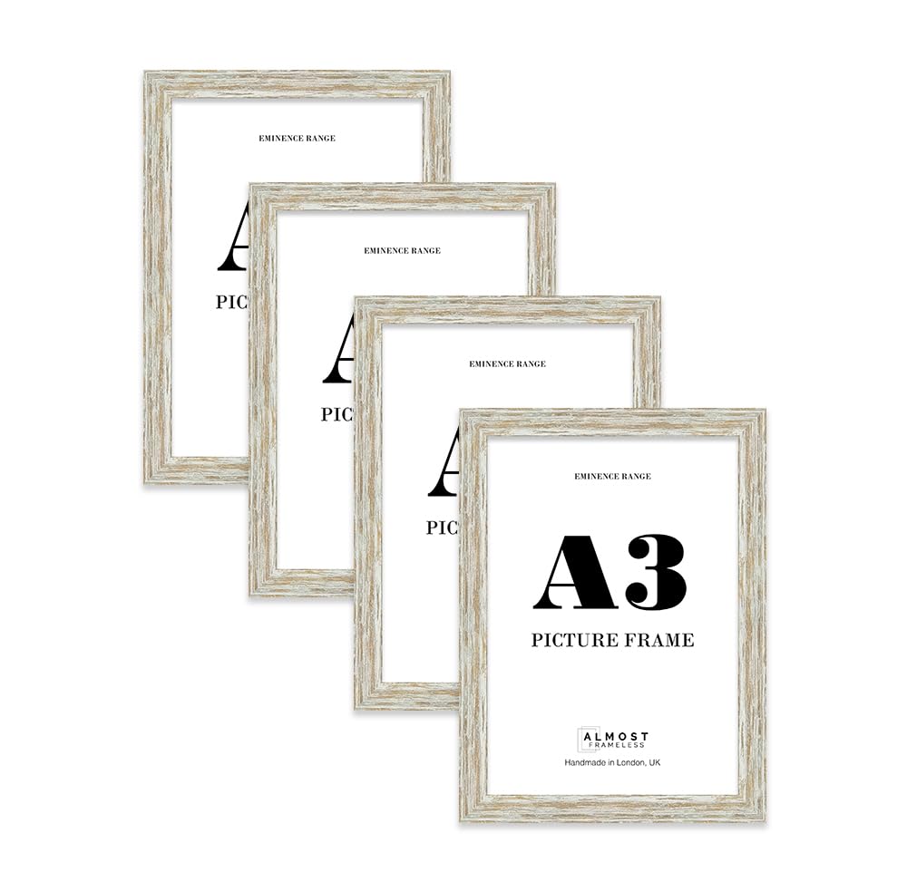 A3 Distressed White Oak Picture Frame - Rustic Wood Industrial Effect Photo Frame for Wall Display, Ideal for Posters, Prints & Home Décor, Wall Hooks, 32mm Edge - 4 Pack — image 1
