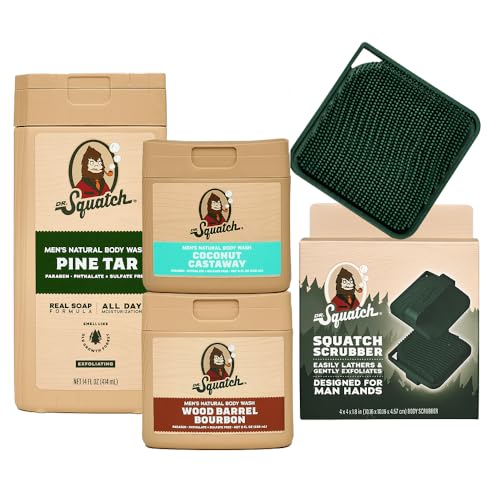 Dr-Squatch-NEW-Natural-Body-Wash-for-Men-Exfoliating-and-Non-Exfoliating-Pine-Tar-14-oz-Coconut-Castaway-Wood-Barrel-Bourbon-8-oz-2-Pack-Body-Scrubber