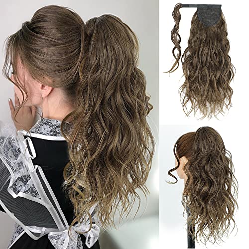 Deethens Long Wavy Ponytail Extension with 2PCS Front Side Bangs for Women 20 Inch Wrap Around Synthetic Hair Fluffy Pony Tail