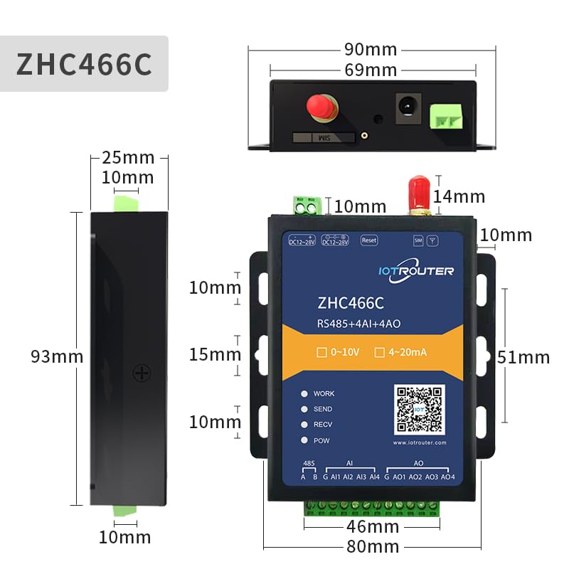 ZHC466C Serial RS485 auf Cellular 4G LTE Industrial Analog Wireless Transmission Gateway Unterstützt MQTT JSON Modbus RTU zu TCP mit 8 Ports 4-20mA Analog Interface
