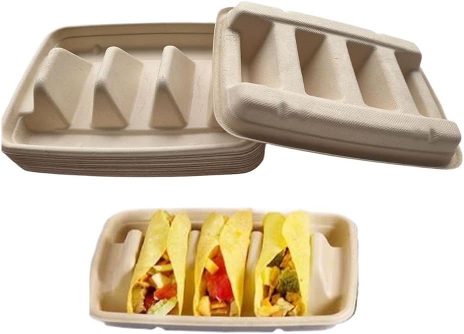 Ebonee Disposable Taco Holders with 3 Dividers, Paper Taco Plates for Stand 3 Tacos, Paper Taco Plates Container for Party Taco Bar Supplies (15 Pack)