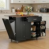 Xbro Îlot de Cuisine avec Emplacement pour Poubelle, Îlot de Cuisine sur roulettes, Meuble de Cuisine avec Plan de Travail Rabattable, Porte Couteaux, Porte Serviettes, 113 x 51 x 90 cm, Noir