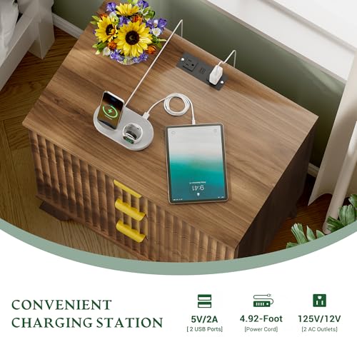 Image of Xixini Fluted Nightstand with Charging Station, Tall Bedside Table, Walnut