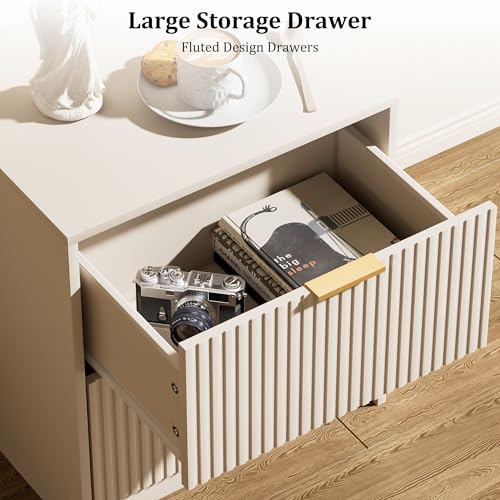 Image of Furniway Nightstands Set of 2, Fluted Nightstand with Gold Metal Handles and 2 Drawers, Modern Bedside Table, 19.6 inch Wide Wood End Table for Bedroom, Beige