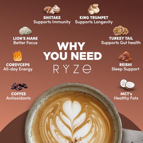 Image of RYZE SUPERFOODS Mushroom Coffee Dark Roast, 6 Adaptogenic Mushrooms & Prebiotic Blend, Instant Coffee Supports Energy, Focus, Digestion & Immunity, Lions Mane & Turkey Tail, 30 Servings