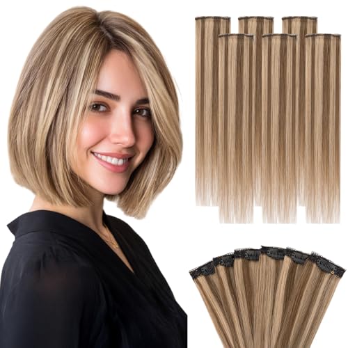 Hairro 6PCS 6 Clips In Short Hair Extensions Remy Real Human Hair Clip Ins Mini Clip On Hairpin Hairpieces For Women 31g 10 Inch #4P27 Medium Brown&Dark Blonde