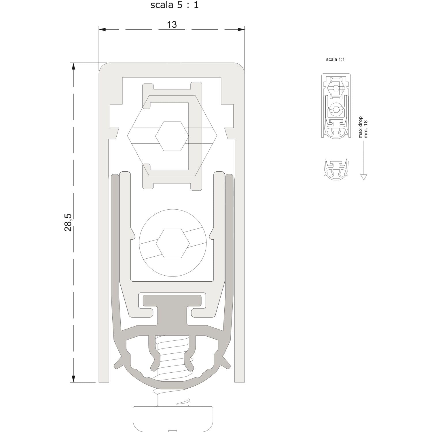 Guarnizione porta 1773ACU, larghezza 13 mm, altezza 28,5 mm, lunghezza 1122 mm, in alluminio naturale, paraspifferi