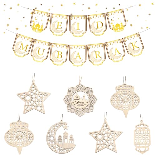Eid Mubarak Decorations for Home Set Wooden Eid Decoration Hanging Ornaments with Gold Eid Mubarak Banner Reusable Islamic Decorations for Home Garden & Ramadan Party