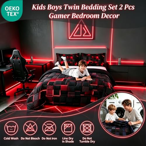 Image of Erosebridal Black and Red Comforter Set Twin Neon Geometric Checkered Bedding Set Gamer Room Decor for Boys,Abstract Grids Quilt Comforter for Kids Teen Men Plaid Check Bed Set 2 Pcs