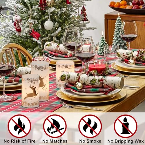 Image of Eldnacele Christmas Flickering Flameless Candles with 6 Hour Timer, Gold Deer Decal Battery Operated Real Wax LED Pillar Candles Home Tabletop Holiday Decor(3Pcs,3x4 /5 /6 Inches)