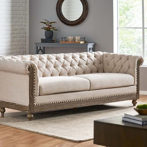 KEVINSPACE 78.75" Chesterfield Sofa Couch Morden Tufted Upholstery Couch for Living Room, Mid-Century Classic 3 Seat Couches Sofa with Wooden Legs & Rolled Arm Bedroom Office Apartment Beige