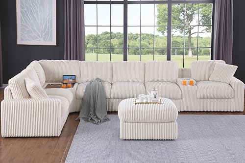 Image of Ball & Cast 157 inch Oversized Modular Sectional Sofa L-Shaped,Large Corduroy Upholstered Couch 8 Seat with Ottoman,Cup Holders & USB Ports,Comfty Sectionals W /Pillows & Storage Box,for Living Room,Beige