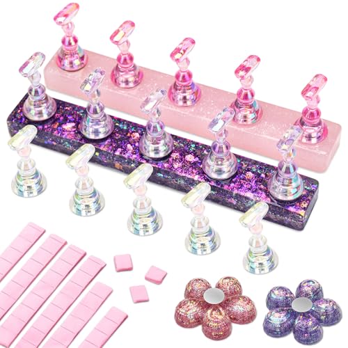Nicedeco Nail Stand Display DIY Magnetic Nail Holder for Nail Tips Acrylic Nail Practice Holders Nail Painting Stand with 96Pcs Reusable Adhesive Putty for False Nail Tip Manicure Tool