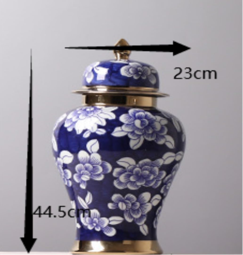 Tarro decorativo grande de porcelana con tapa, jarrón con estampado floral azul y blanco, borde dorado, tarro de jengibre para decoración del hogar, estilo templo, 9 x 17.5 pulgadas